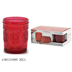 SET 6 PZ BICCHIERI IN VETRO DI COLORE ROSSO PER ACQUA BEVANDE CAPACITÀ 30CL CON DECORI