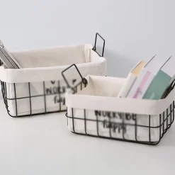 SET 2 PZ CESTINI IN METALLO CON RIVESTIMENTO TESSUTO PORTA OGGETTI MANICI 10628