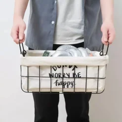 SET 2 PZ CESTINI IN METALLO CON RIVESTIMENTO TESSUTO PORTA OGGETTI MANICI 10628