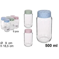 SET 6 PZ CONTENITORE BARATTOLO VETRO CON COPERCHIO RATTAN COLORATO 500 ML 114655