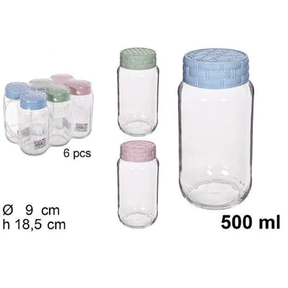 SET 6 PZ CONTENITORE BARATTOLO VETRO CON COPERCHIO RATTAN COLORATO 500 ML 114655