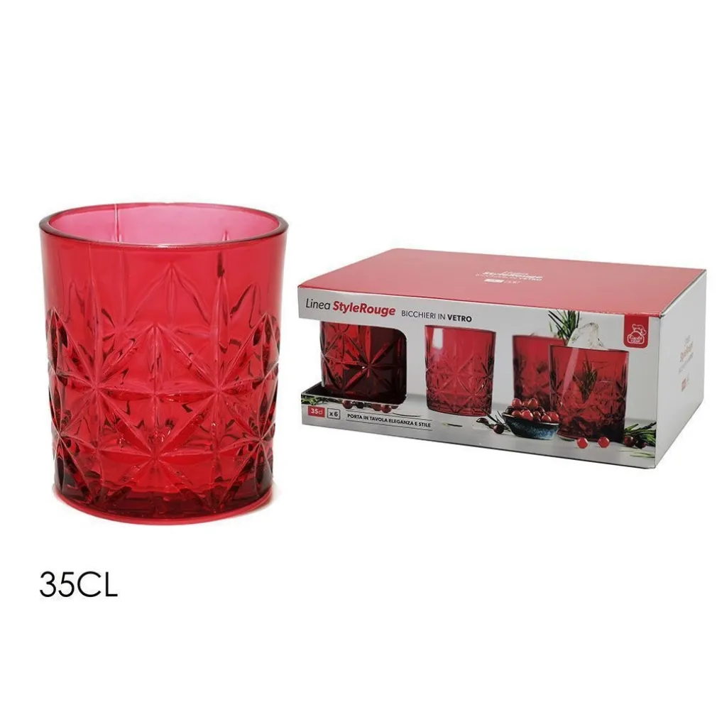 SET 6 PZ DI BICCHIERI IN VETRO DA WHISKY DI COLORE ROSSO CAPACITÀ 35CL STILE ELEGANTE
