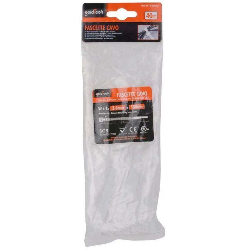 SET 40 PZ FASCETTE CAVI CAVO BIANCO STRINGENTI IN PLASTICA NYLON 3.6X150MM 92365