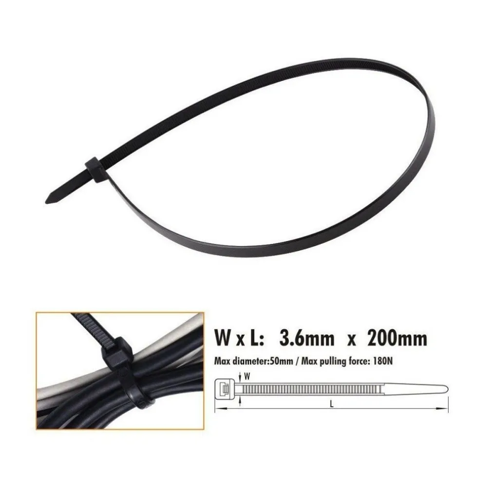 SET 40 PZ FASCETTE CAVI CAVO NERO STRINGENTI IN PLASTICA NYLON 3.6X200 MM 92381