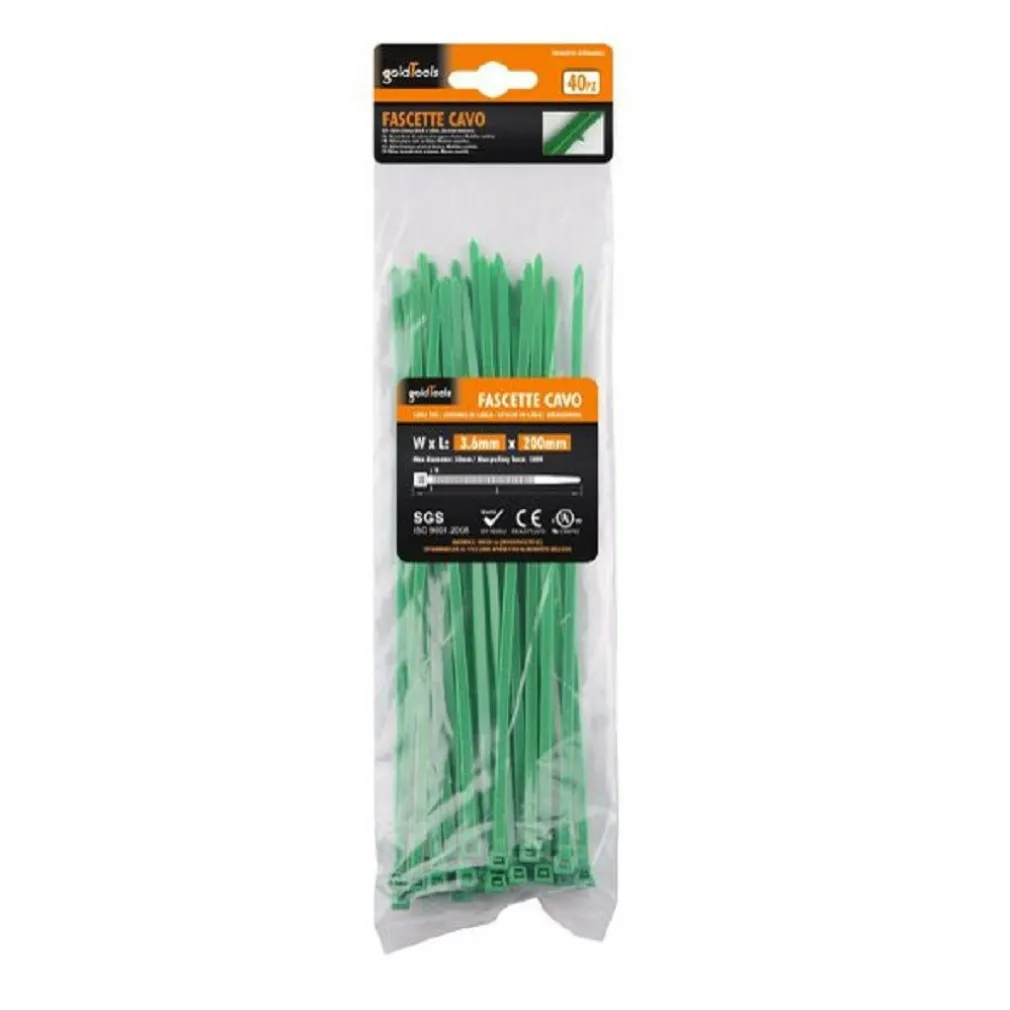 SET 40 PZ FASCETTE CAVI CAVO VERDE STRINGENTI IN PLASTICA NYLON 3.6X200MM 92395