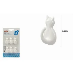 SET 6 PZ GANCI ADESIVI A FORMA DI GATTO BIANCHI PER CUCINA BAGNO DA PARETE 79347