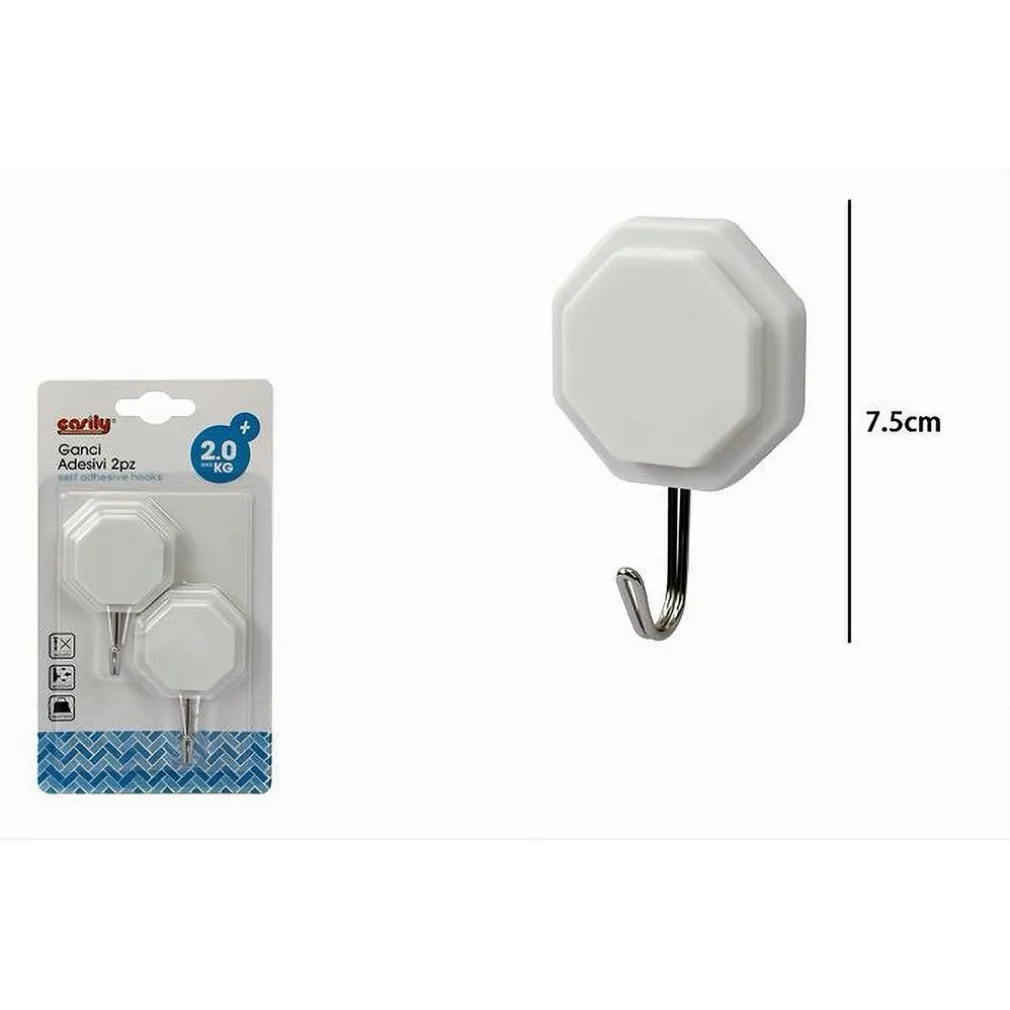 SET 2 PZ GANCI ADESIVI ATTACCAPANNI DA PARETE FORMA OTTAGONALE CASA 7.5 CM 79335