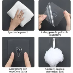 SET 6 PZ GANCI AUTOADESIVI PER QUADRI TRASPARENTI APPENDI SENZA CHIODI OROLOGIO