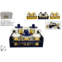 SET 5 PZ MENAGE IN CERAMICA DECORATA FANTASIA MAIOLICA CON ESPOSITORE SUPPORTO