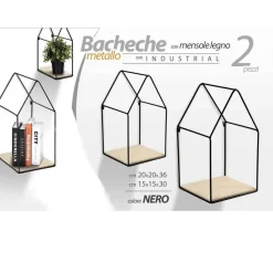 SET 2 PZ MENSOLE PARETE CASA MENSOLA LEGNO BACHECA METALLO NERO H36/30 CM 751714