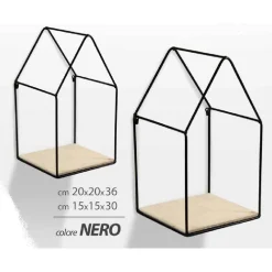 SET 2 PZ MENSOLE PARETE CASA MENSOLA LEGNO BACHECA METALLO NERO H36/30 CM 751714