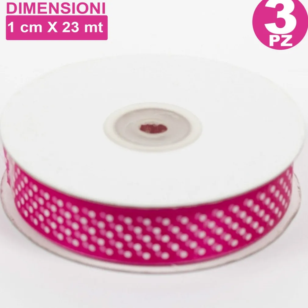 SET 3 PZ NASTRO FUCSIA A POIS PER BOMBONIERE ORGANZA RASO DECORAZIONI DECOUPAGE