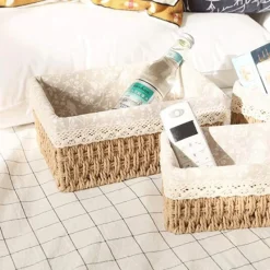 SET 3 PZ PORTA OGGETTI ORGANIZER CESTINO INTRECCIATO CON FODERA IN TESSUTO 79158