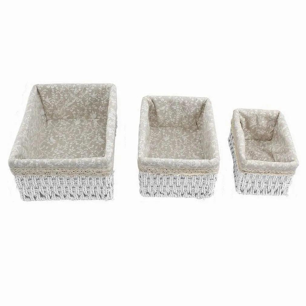 SET 3 PZ PORTA OGGETTI ORGANIZER CESTINO BIANCO INTRECCIATO FODERA TESSUTO 79156