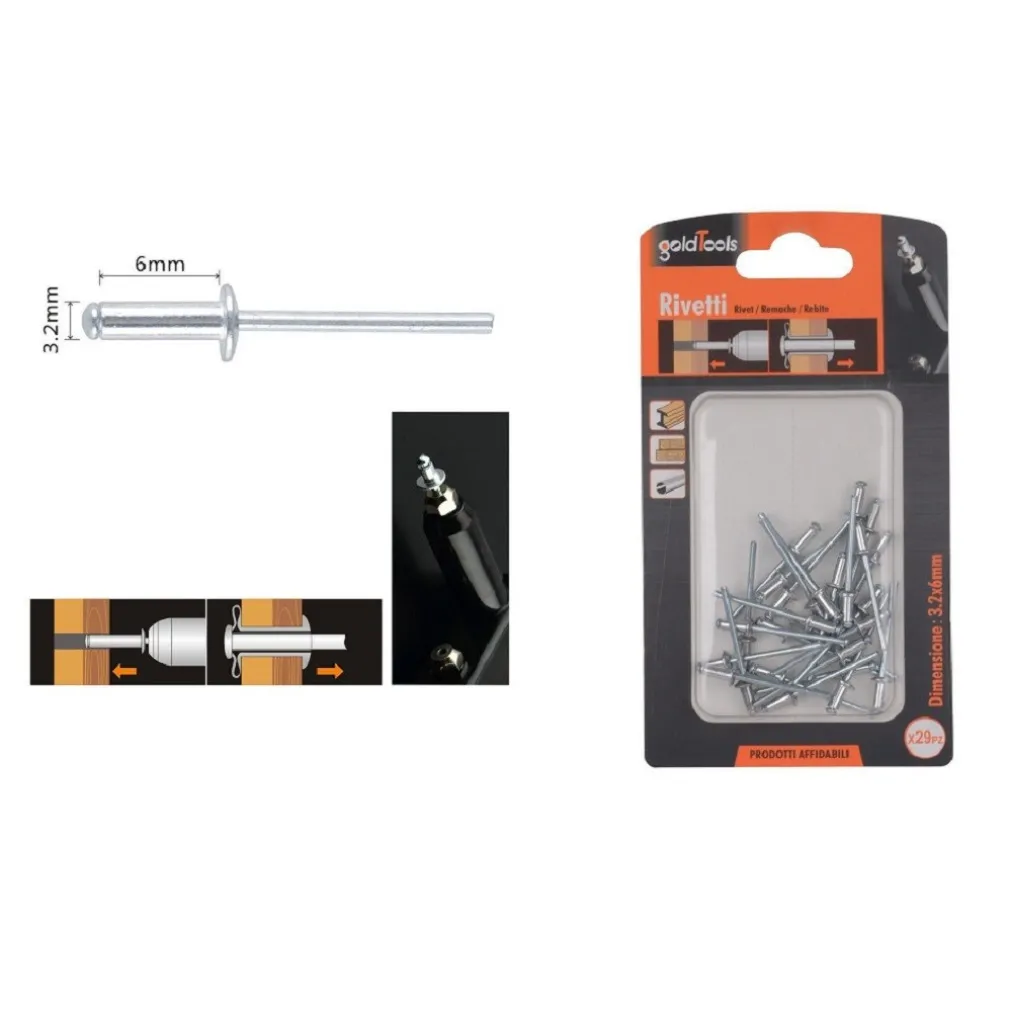 SET 29 PZ RIVETTI RIVETTO 3.2X6MM ACCESSORI BRICOLAGE FERRAMENTA FAI DA TE 90814