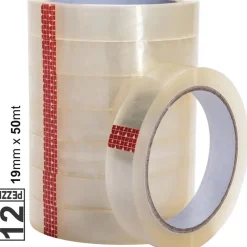 SET 12 PZ ROTOLO NASTRO ADESIVO TRASPARENTE 19MM X 50MT PER UFFICIO SILENZIOSO