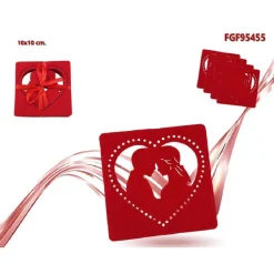 SET 4 PZ SOTTOBICCHIERI 10X10CM QUADRATO CUORE TESSUTO ROSSO SAN VALENTINO 95455