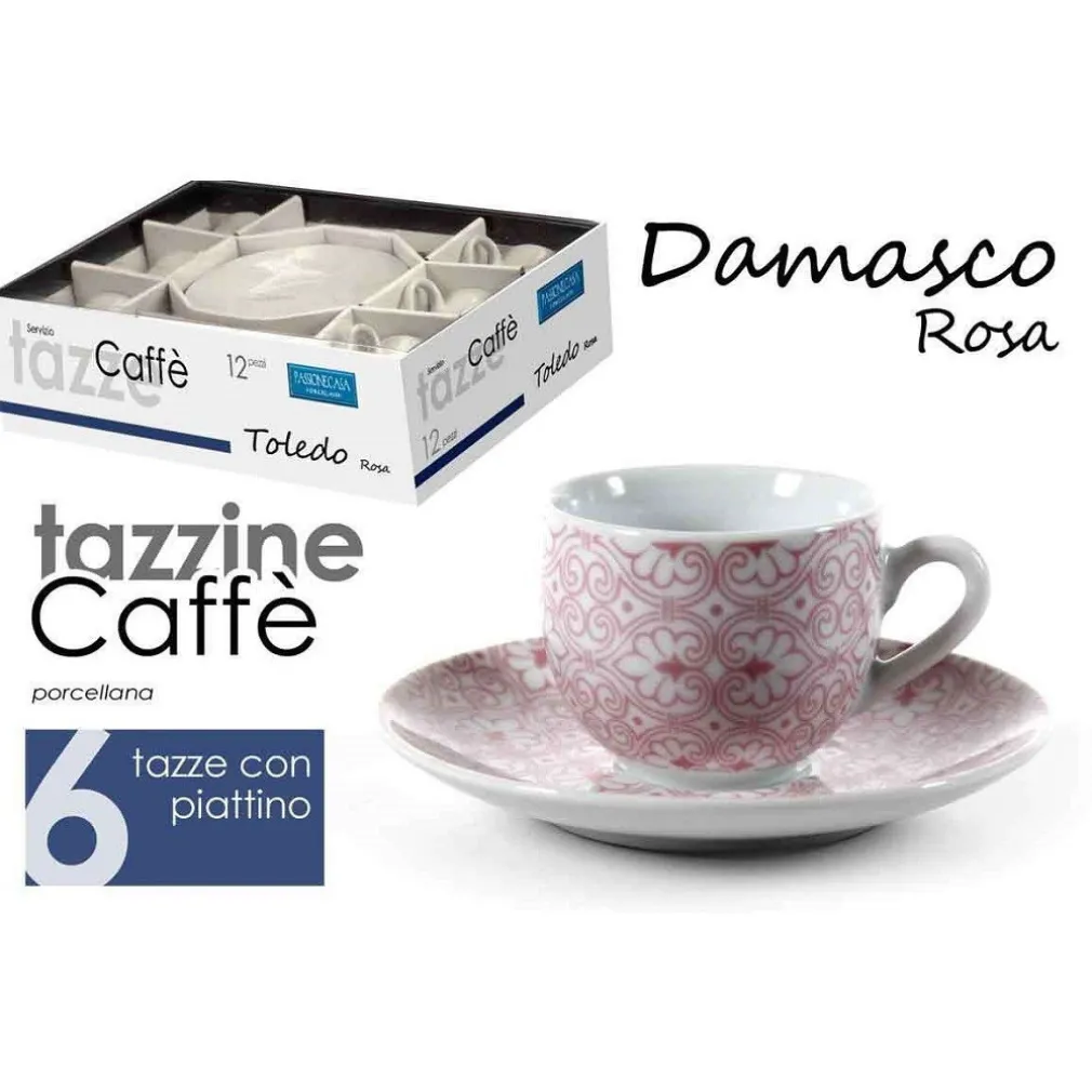 SET 6 PZ TAZZINE CAFFÈ + 6 PIATTINI TAZZINA CLASSICO MODERNO DAMASCO ROSA 720390