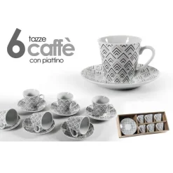 SET 6 PZ TAZZINE CAFFÈ CON 6 PIATTINI BIANCO DECO IN PORCELLANA DECORATE 780776
