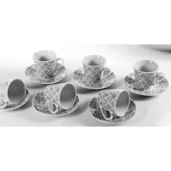 SET 6 PZ TAZZINE CAFFÈ CON 6 PIATTINI BIANCO DECO IN PORCELLANA DECORATE 780776