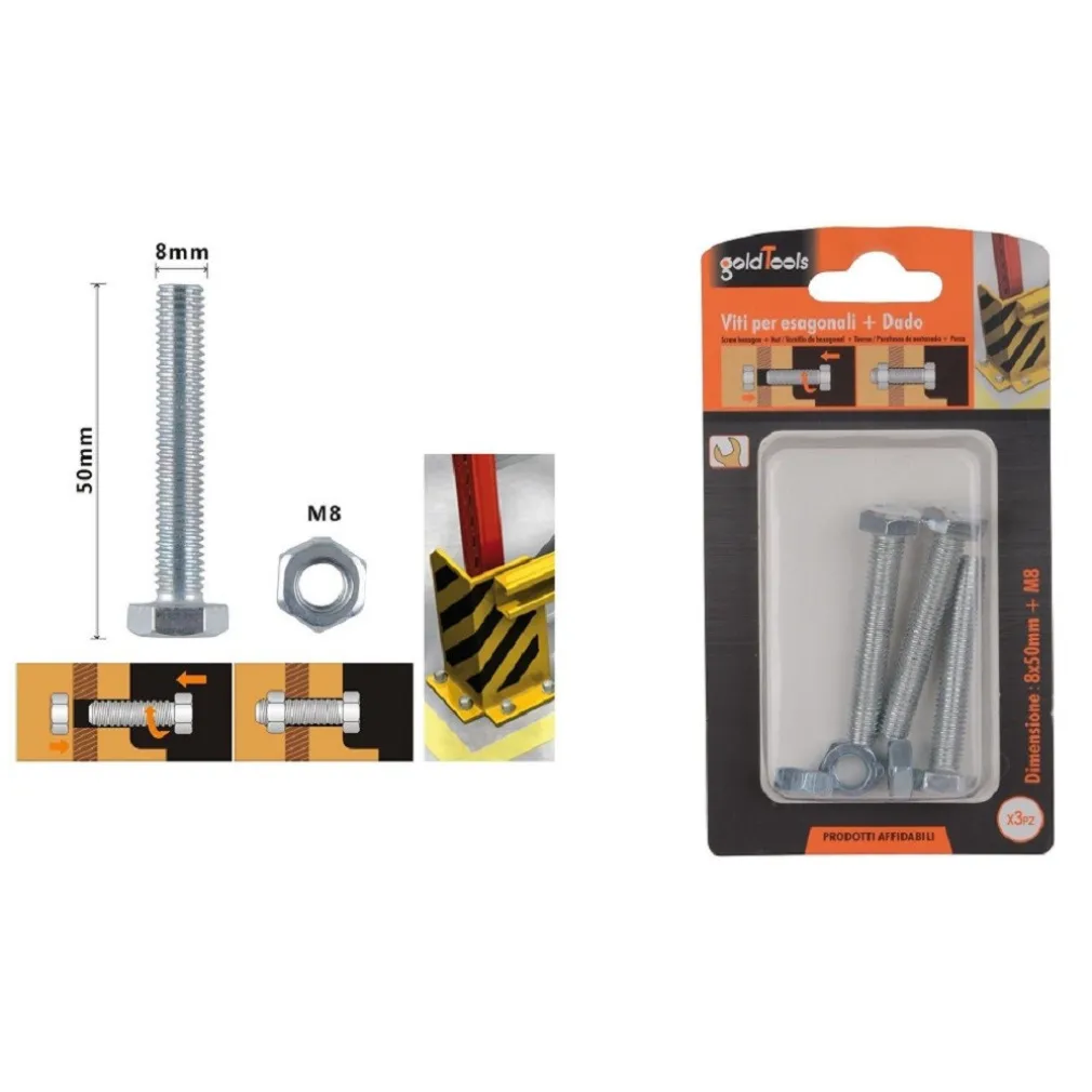 SET 3 PZ VITE VITI PER ESTERNO A TESTA ESAGONALI 8X50 MM CON DADI DADO M8 90922