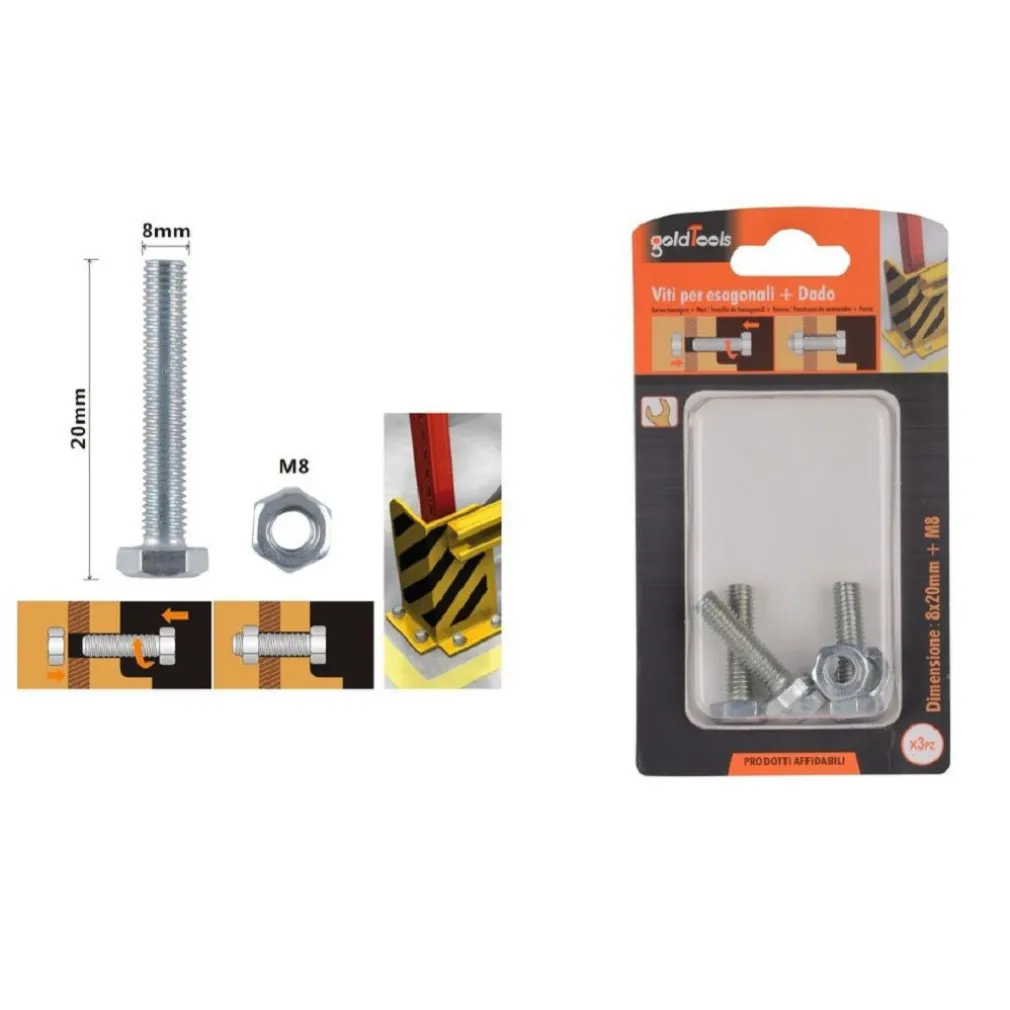 SET 3 PZ VITE VITI PER ESTERNO A TESTA ESAGONALI 8 X 20MM CON DADI DADO M8 90919