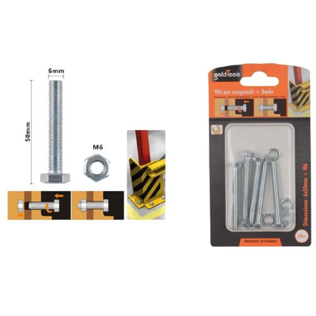 SET 5 PZ VITE VITI PER ESTERNO A TESTA ESAGONALI 6X50 MM CON DADI DADO M6 90918