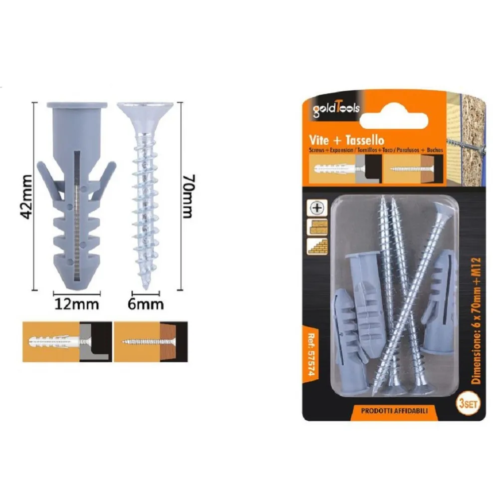 SET 3 PZ VITI VITE CROCE 6X70MM + TASSELLI CON ALETTE TASSELLO M12 FISCHER 57574
