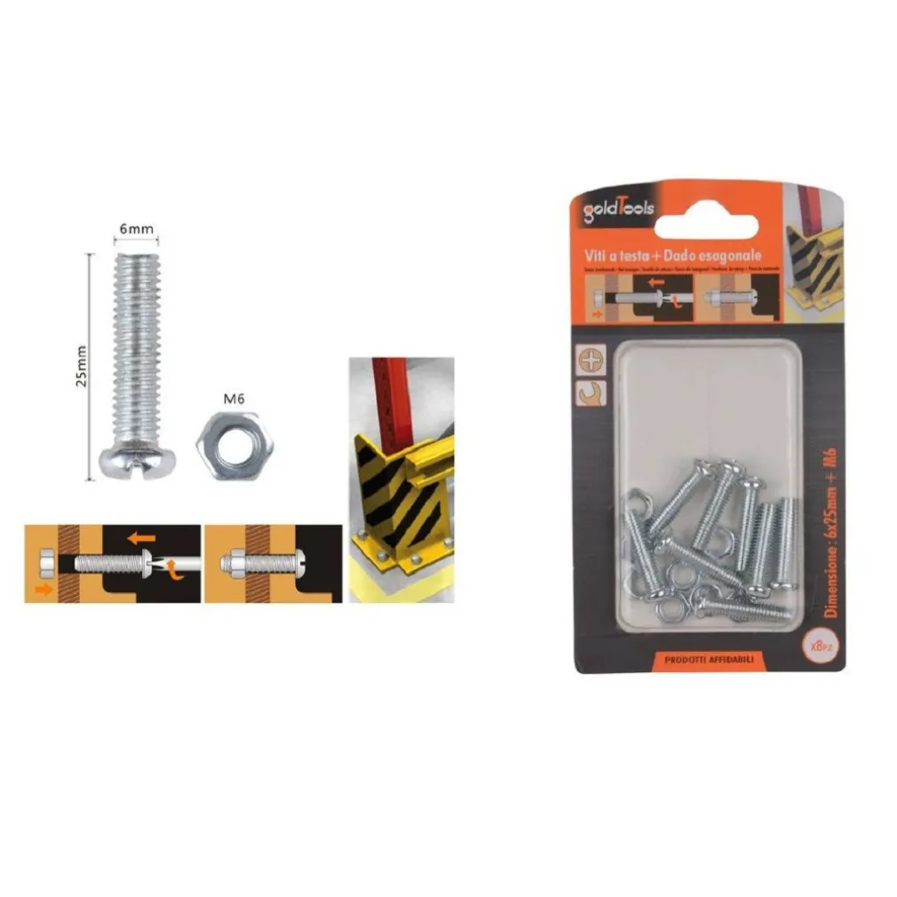 SET 8 PZ VITI VITE TESTA A CROCE TONDA 6X25MM CON DADI DADO ESAGONALE M6 90977