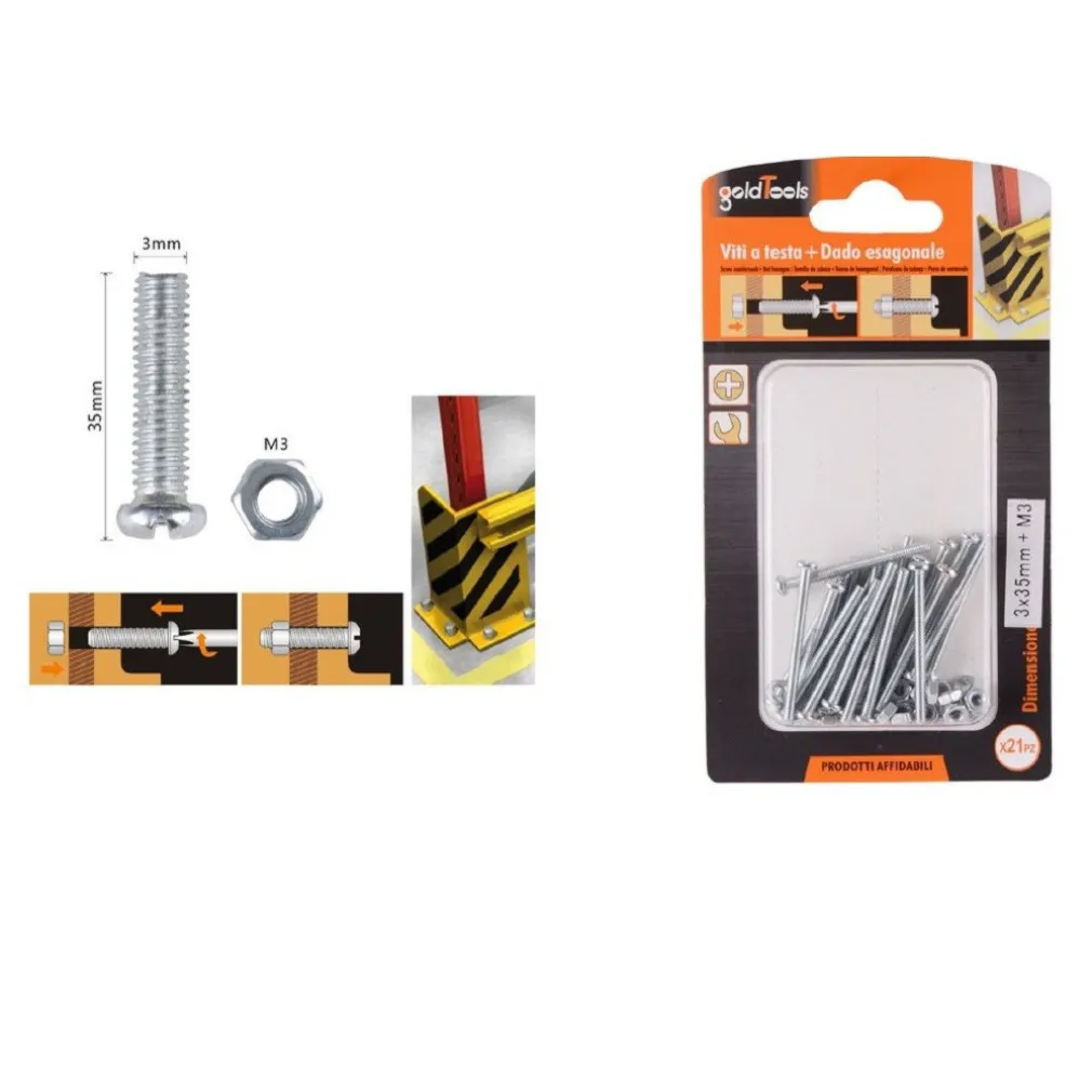 SET 21 PZ VITI VITE TESTA A CROCE TONDA 3X35 MM CON DADI DADO ESAGONALE M3 90957