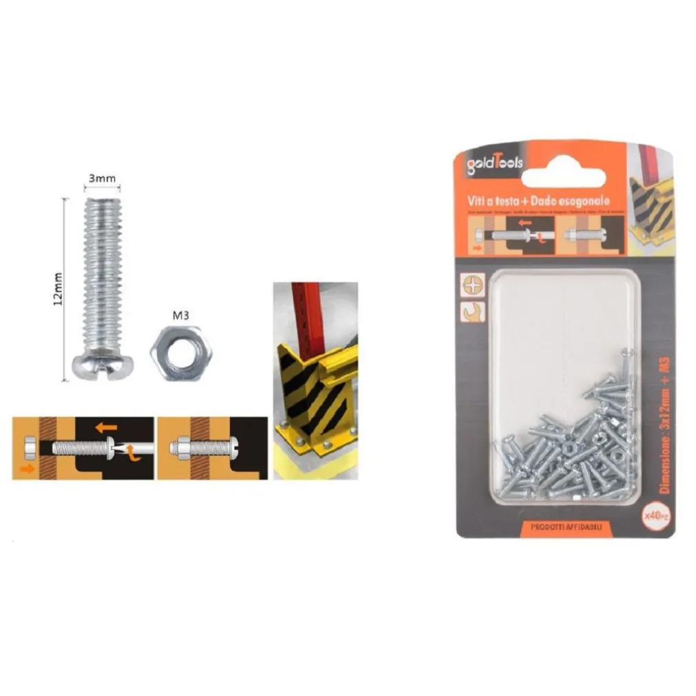 SET 40 PZ VITI VITE TESTA A CROCE TONDA 3X12 MM CON DADI DADO ESAGONALE M3 90952