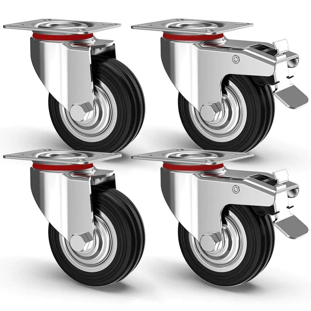 SET 4 RUOTE PIROETTANTI PER CARICHI PESANTI GIREVOLE 360° CON FRENO 125X80X100MM