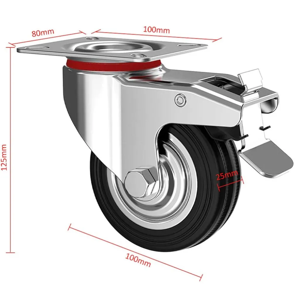 SET 4 RUOTE PIROETTANTI PER CARICHI PESANTI GIREVOLE 360° CON FRENO 125X80X100MM