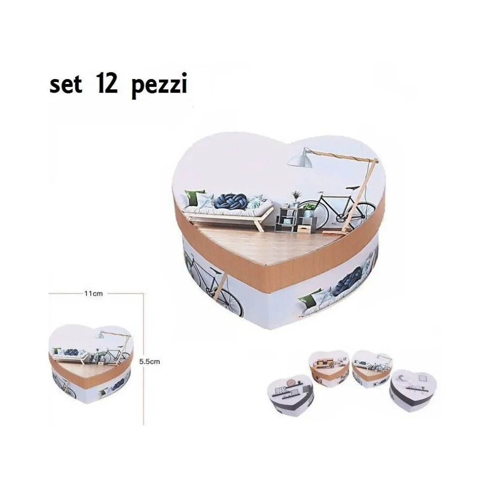 SET 12 SCATOLA BOX CONFEZIONE DA REGALO CON CUORI FANTASIA 11X5.5CM IN CARTONE