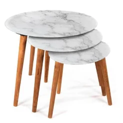 SET 3 TAVOLINI EFFETTO MARMO PIEDI LEGNO SALOTTO MODERNO TONDI Ø53-39-30CM 839429