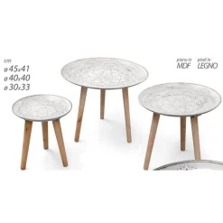 SET 3 TAVOLINI PIEDI IN LEGNO SALOTTO GIARDINO DECORATI Ø45-40-30CM TONDI 783951