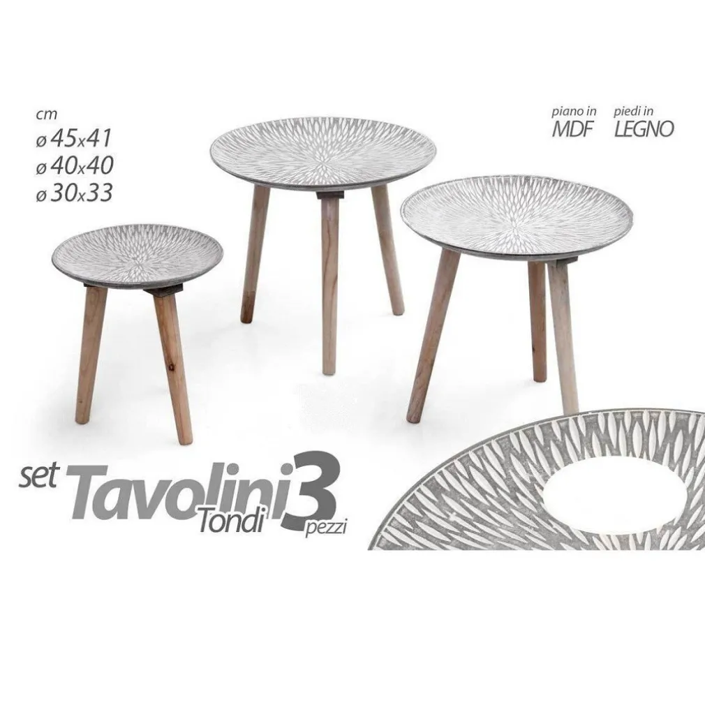 SET 3 TAVOLINI TAVOLO MDF PIEDI LEGNO SALOTTO GIARDINO Ø45-40-30CM TONDI 783944