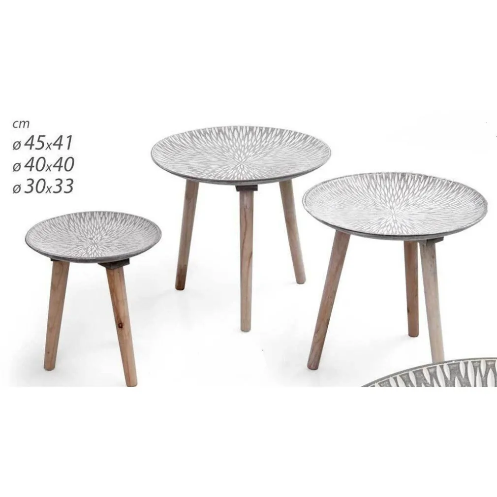 SET 3 TAVOLINI TAVOLO MDF PIEDI LEGNO SALOTTO GIARDINO Ø45-40-30CM TONDI 783944