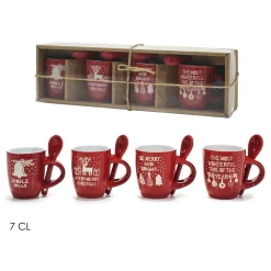 SET 4 TAZZINE NATALIZIE DECORATE IN CERAMICA CAPACITÀ 7 CL CON CUCCHIAINI COORDINATI