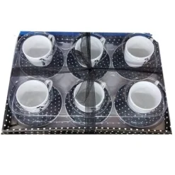 SET 6 TAZZINE TAZZE CAFFÈ CON PIATTINI CERAMICA DECORATA FANTASIA POIS NERI
