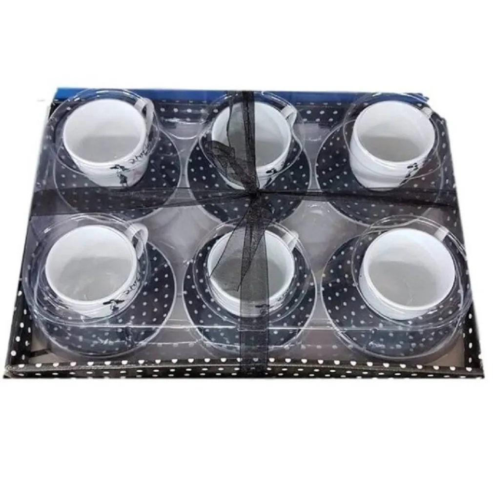 SET 6 TAZZINE TAZZE CAFFÈ CON PIATTINI CERAMICA DECORATA FANTASIA POIS NERI