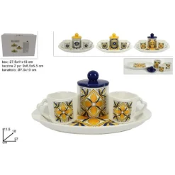 SET 2 TAZZINE TAZZE SERVIZIO TÈ CAFFÈ CON BARATTOLO VASSOIO CON DECORO MAIOLICA