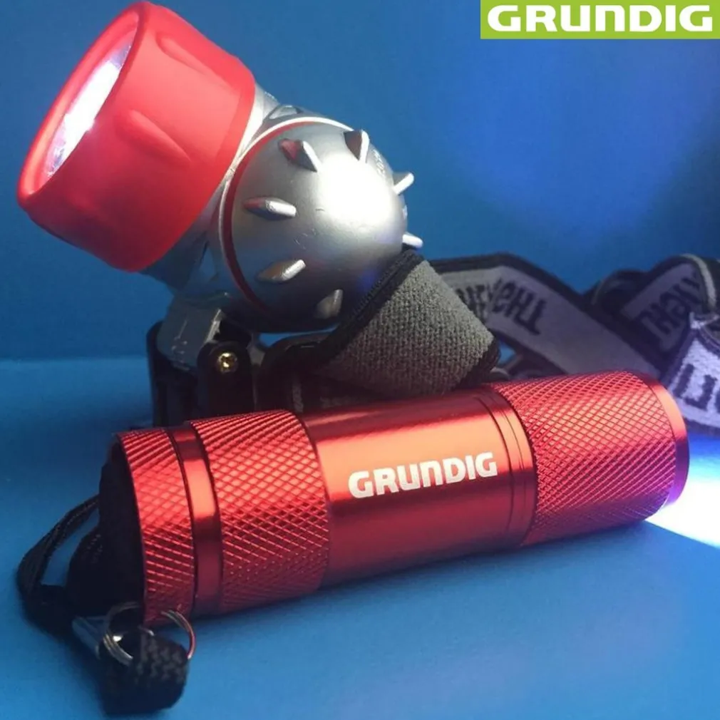 SET 2 TORCE LAMPADE LED FRONTALE E TORCIA PER CAMPEGGIO PESCA BICI GRUNDIG