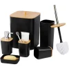SET ACCESSORI BAGNO IN BAMBÙ 6PZ MODERNO NERI BIDONE SPAZZATURA PORTASAPONE DISPENSER