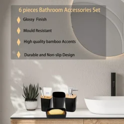 SET ACCESSORI BAGNO IN BAMBÙ 6PZ MODERNO NERI BIDONE SPAZZATURA PORTASAPONE DISPENSER
