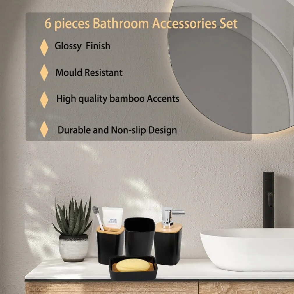 SET ACCESSORI BAGNO IN BAMBÙ 6PZ MODERNO NERI BIDONE SPAZZATURA PORTASAPONE DISPENSER