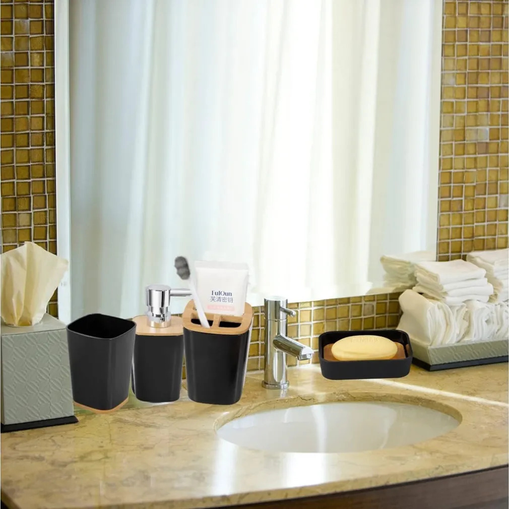 SET ACCESSORI BAGNO IN BAMBÙ 6PZ MODERNO NERI BIDONE SPAZZATURA PORTASAPONE DISPENSER