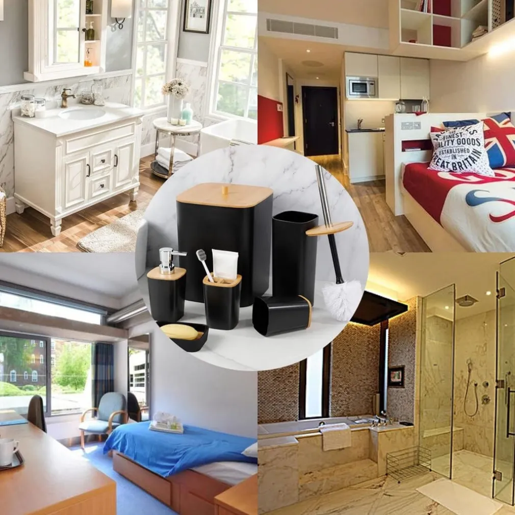 SET ACCESSORI BAGNO IN BAMBÙ 6PZ MODERNO NERI BIDONE SPAZZATURA PORTASAPONE DISPENSER