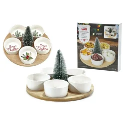 SET ANTIPASTIERA 5 POSTI PER ANTIPASTI DI NATALE CON BASE IN BAMBOO COPPETTE IN CERAMICA