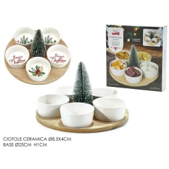 SET ANTIPASTIERA 5 POSTI PER ANTIPASTI DI NATALE CON BASE IN BAMBOO COPPETTE IN CERAMICA